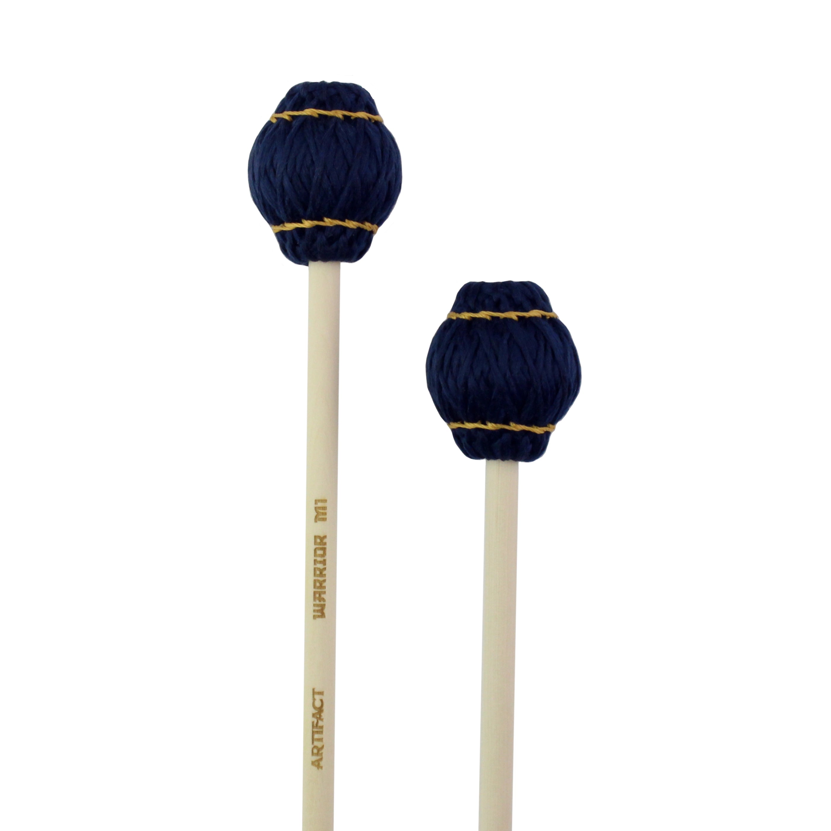 Two blue marimba mallets with wooden shafts on a white background