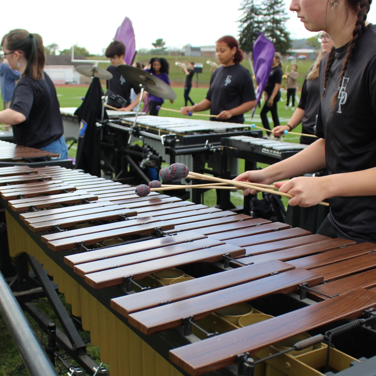 People playing marimbas on a grassy field.